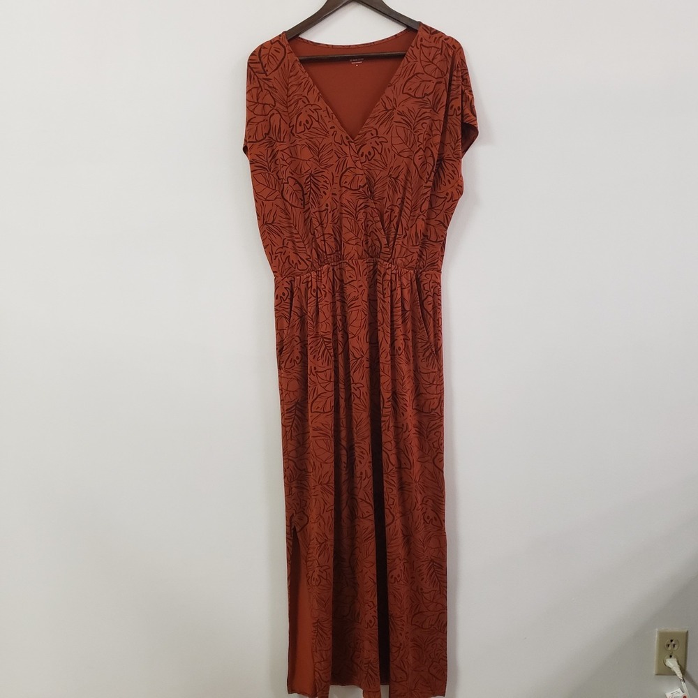 Garnet Hill Womens Leaf Print Lyocell V Neck Maxi Dress Size M Orange Vacation